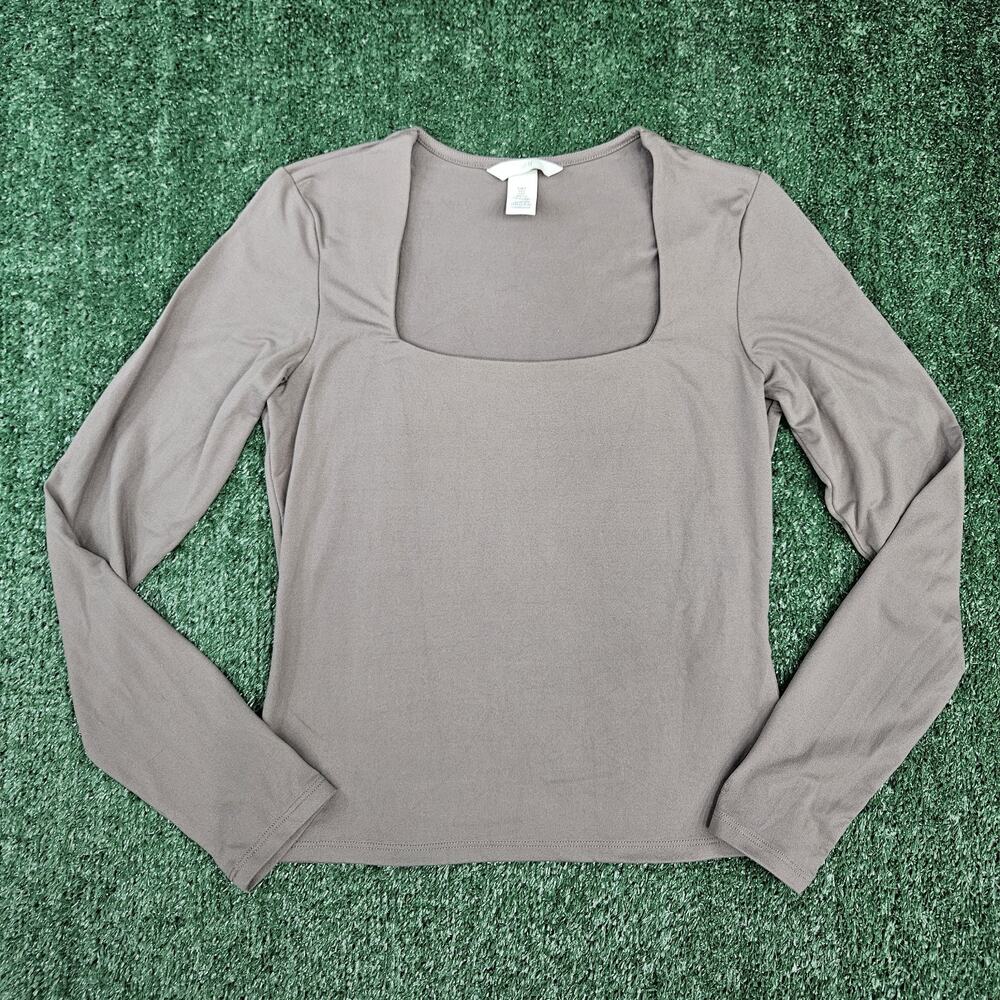 H&M Double Layer Square Neck Top Women S Taupe Long Sleeve Stretch Fitted Soft